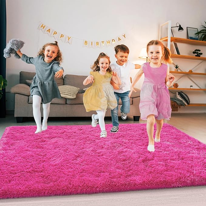 Ultra Fluffy Area Rugs for Living Room Bedroom, 6x9 Fuzzy Large Living Room Rugs, Thick Shag Rug for Dorm, Soft Non Slip Kids Girls Boys Rug for Home Decor Aesthetic, Hot Pink