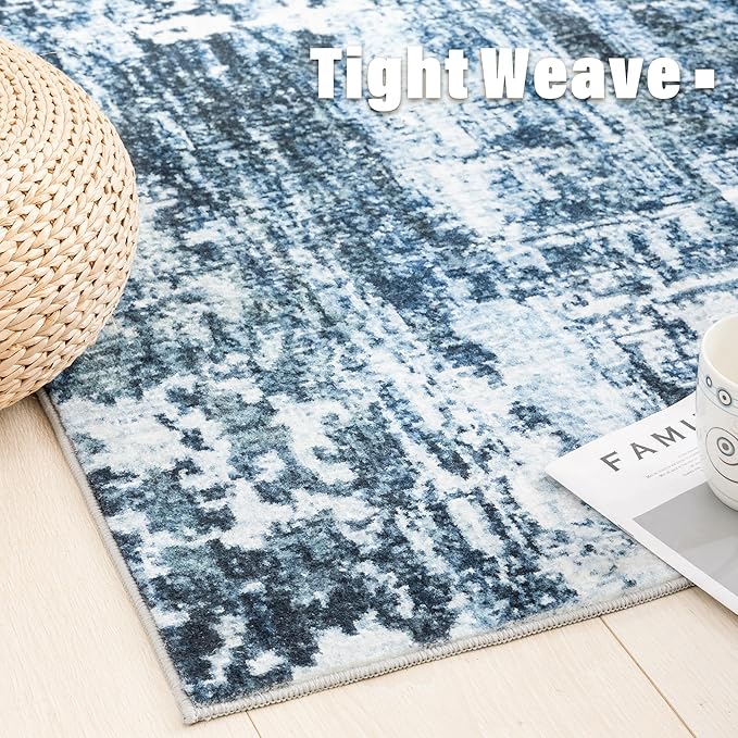 Carvapet Rugs for Living Room Bedroom, Modern Abstract Low Pile Large Carpet with Rubber Backing, Foldable, Non Slip Machine Washable Indoor Decor (9 x 6 Feet Rectangular, Blue Area Rug)