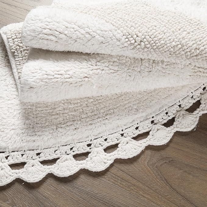 Savi Home Half Circle Bohemian Bathroom Rug with Handwoven Chrochet Border, Beautifully Handcrafted 100% Cotton Mat - 22x42, Round Boho Bedroom Rug, Boho Bathroom Décor, Machine Washable - White