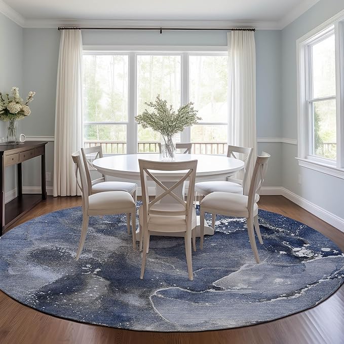 Addison Rugs Chantille ACN518 Blue 8' x 8 Indoor Outdoor Round Area Rug, Stain Resistant, Machine Washable, Non Shedding, Bedroom, Living Room, Dining Room, Kitchen Rug