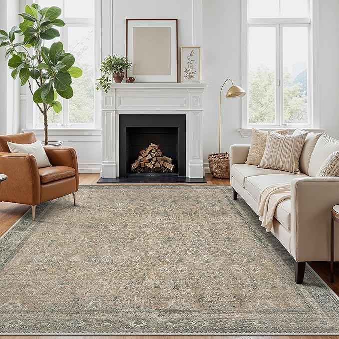 8X10 Area Rugs Machine Washable Rugs for Living Room, Vintage Boho Large Rugs for Bedroom Dining Room, Non Slip Indoor Soft Distressed Lightweight Thin Low Pile Carpet, Sandy Taupe
