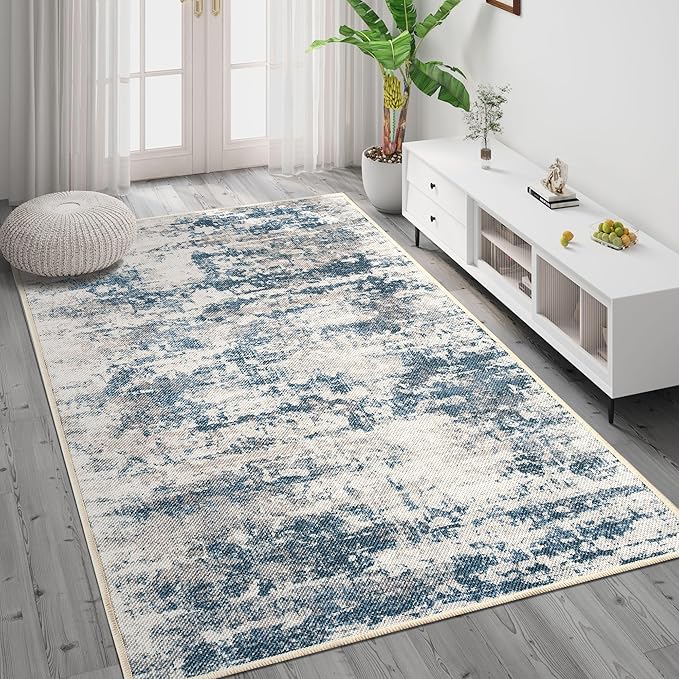 3x5 Abstract Washable Area Rug, Doormat Rugs, No Pile, Tear and Stain Resistance, Non-Slip, Hand Woven Style Thin Entryway Rug Throw Rug for High Traffic Entrance Bedside- Blue