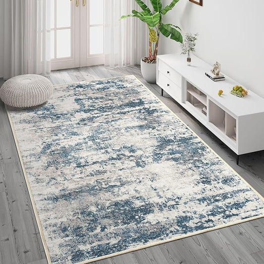 3x5 Abstract Washable Area Rug, Doormat Rugs, No Pile, Tear and Stain Resistance, Non-Slip, Hand Woven Style Thin Entryway Rug Throw Rug for High Traffic Entrance Bedside- Blue