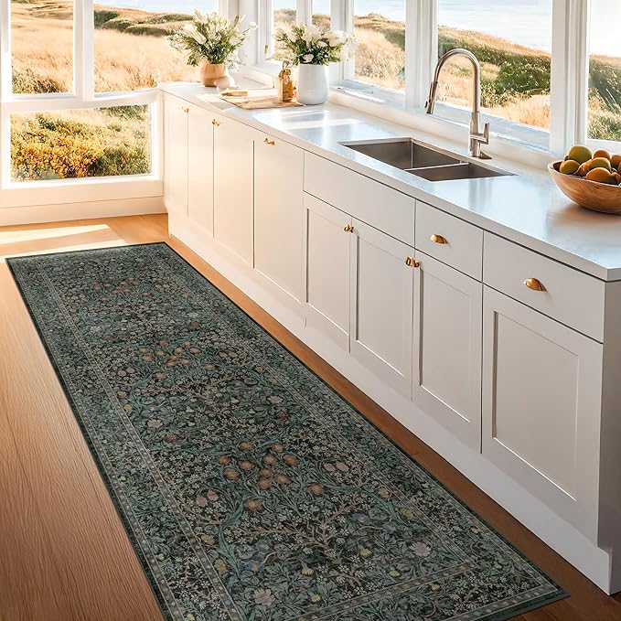Vintage Dark Green 2'6" x 8' Floor Runner Rug for Hallway, Kitchen, Entryway Indoor, Laundry Room, Washable Non Slip Rubber Backing Stain Resistant