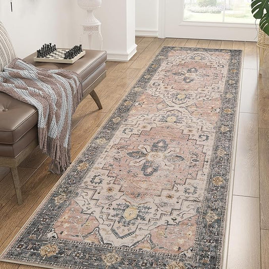 jinchan Runner Rug 2x5 Washable Kitchen Hallway Vintage Retro Accent Non-Slip Throw Rug for Living Room Bedroom Laundry Room Indoor Home Decor Grey/Pink