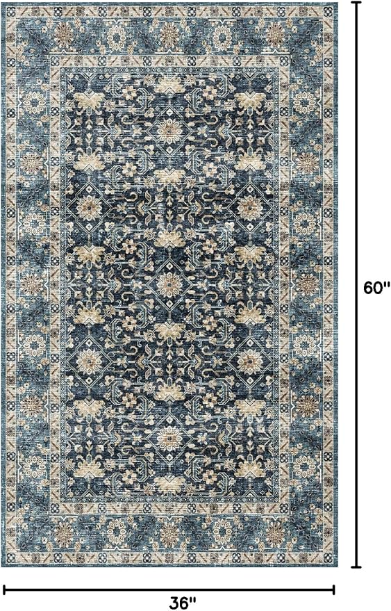 Dripex 3x5 Area Rugs, Machine Washable Non Slip Boho Rugs,Distressed Entryway Rug Doormat,No Pile Lightweight Vintage Rug, Smal Carpet Rug for Front Entrance,Office Bedroom,Navy Blue
