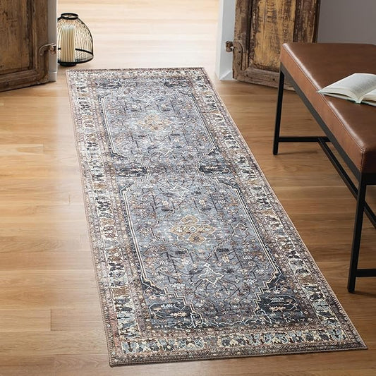 Keen Home Design Machine Washable Area Rugs with Non-Slip Backing,Ideal for Hallway,Living Room,Bedroom,Kitchen and Laundry Room,Vintage Moroccan and Low Pile Rug-(2'6''x10'),Smoke Grey/ Cold Green