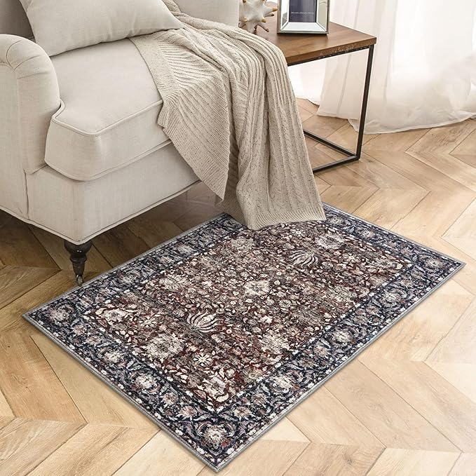 Small Area Rug 2x3 Entryway Doormat Floral Machine Washable Low Pile Non Slip Throw Rug for Kitchen Bedroom Laundry Room, Brown