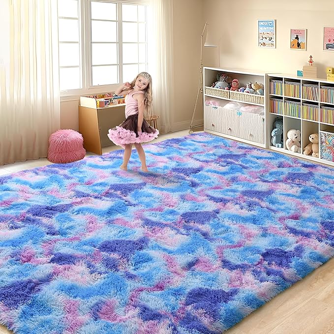 Tepook Soft Rainbow Rug for Girls Room, Cute Fluffy Bedroom Rug, 5x8 Feet Shaggy Princess Colorful Carpet for Kids Teens Toddler Playroom Nursery Reading Nook, Blue