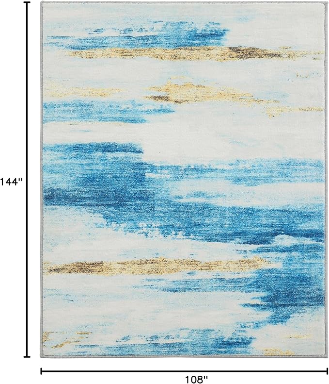 Carvapet Rugs for Living Room, Blue Modern Abstract Low Pile Large Carpet with Rubber Backing, Foldable, Non Slip Machine Washable (12 x 9 Feet Rectangular, Sky Blue Area Rug)