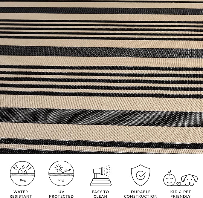 SAFAVIEH Courtyard Collection Area Rug - 8' x 10', Black & Bone, Stripe Design, Non-Shedding & Easy Care, Indoor/Outdoor & Washable-Ideal for Patio, Backyard, Mudroom (CY6062-216)