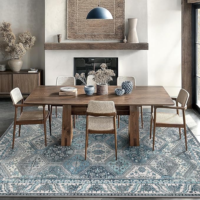 Bavni 6x9 Area Rugs for Living Room, Machine Washable Rug Non Slip, Vintage Chenille Distressed Print Carpet, Large Low Pile Ultra-Thin Lightweight Rugs for Bedroom, Dining Room, Home, Office, Blue