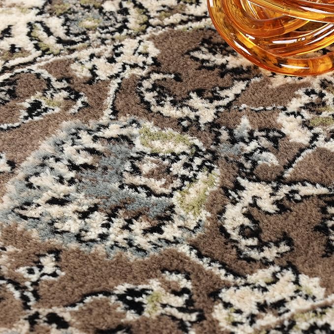 Superior Indoor Runner Rug, with Jute Backing, Chic Bordered Floor Decor for Living Room, Bedroom, Office, Entryway, Kitchen, Dining, Floral Design, Lille Collection, 2' 7" x 12', Brown