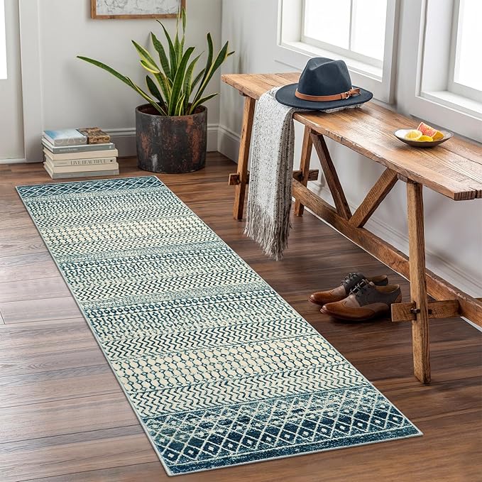 Moroccan Kitchen Runner Rug, 2x6 Non Slip Vintage Blue Rug for Kitchen Floor, Soft Low-Pile Washable Laundry Room Rug Indoor Floor Throw Carpet for Doorway Hallway Bedside Bathroom