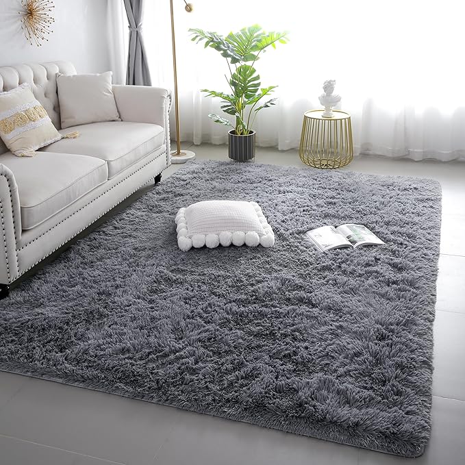 4x6 Grey Fluffy Shag Rug for Bedroom, Soft Plush Fuzzy Washable Non Slip Carpet for Living Room, Gray Modern Floor Cozy Furry Shaggy Throw Area Rugs for Kids Boys Baby Nursery Dorm Room