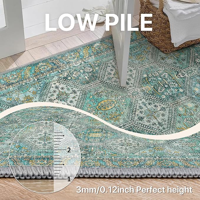 Bavni 3x5 Area Rugs for Living Room, Machine Washable Rug Non Slip, Vintage Chenille Distressed Print Carpet, Large Low Pile Ultra-Thin Lightweight Rugs for Bedroom, Dining Room, Home, Office, Cyan