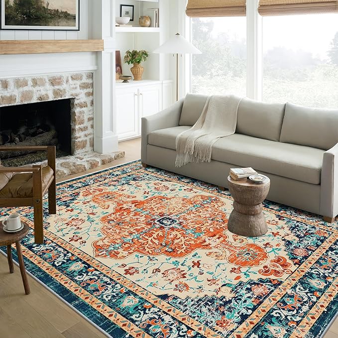 U'Artlines Boho Vintage Area Rug 5x7 Machine Washable Low Pile Soft Floor Carpet Non Slip Non Shedding Accent Rug for Living Room Bedroom Entryway Dining Room Office Orange/Multi