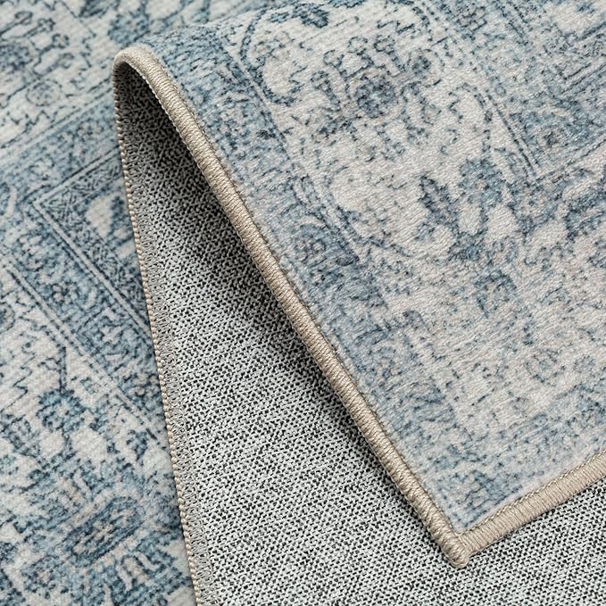 Vintage Area Rug 3x5 Blue Entryway Office Washable Carpet Non Slip Bedroom Indoor Living Room Door Mat Low Pile Traditional Distressed Retro Accent Rug for Dining Room Bathroom Kitchen