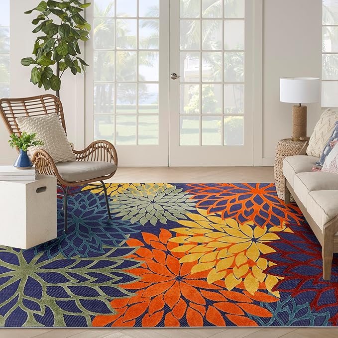 Nourison Aloha Indoor/Outdoor Modern Navy Multicolor 7'10" x 10'6" Area Rug, Easy Cleaning, Non Shedding, Bed Room, Living Room, Dining Room, Backyard, Deck, Patio (8x11)