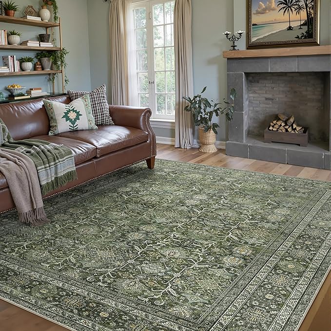 Vintage Area Rug 8x10 Green Washable Living Room Large Carpet Non Slip Bedroom Indoor Office Low Pile Traditional Distressed Retro Accent Rug for Dining Room