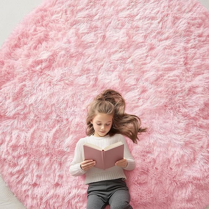 OLANLY Pink Round Rugs for Bedroom - Machine Washable, 8x8 Feet Circle Area Rugs for Living Room, Soft and Fluffy Shaggy Carpet for Teen Girls and Boys, Dorms, Nursery Rooms, Home Decor Aesthetic