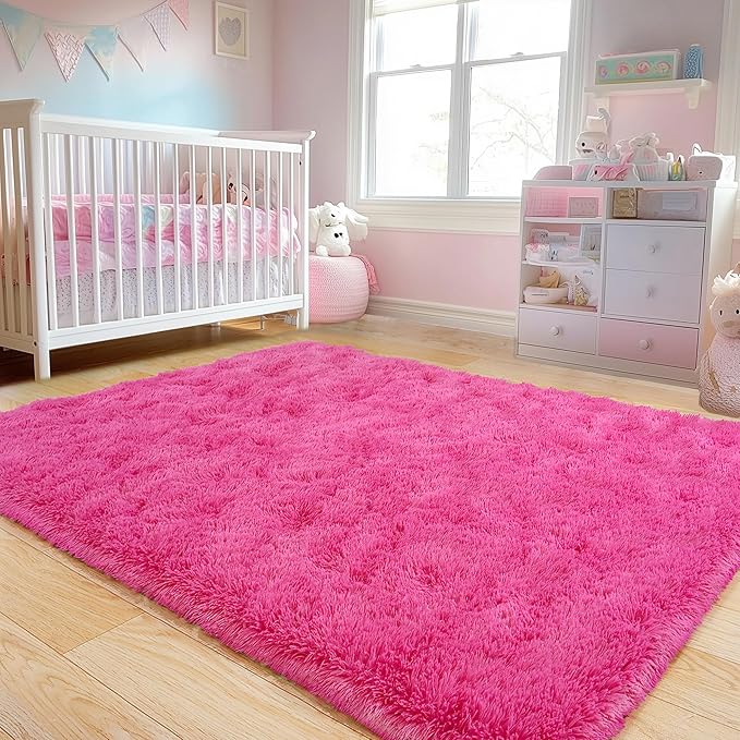 6x9 Fluffy Fuzzy Area Rug for Living Room Bedroom, Ultra Soft Large Living Room Rugs, Non Slip Thick Shag Rug for Dorm, Kids Girls Boys Rug for Home Decor Aesthetic, Hot Pink