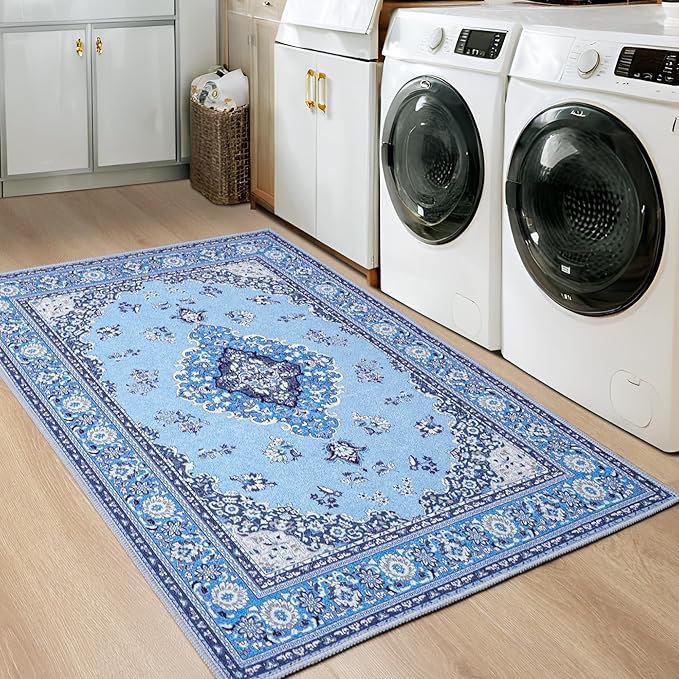 Tepook 2x3 Vintage Washable Rug - Non-Slip Low-Pile Door Mat for Entryway, Kitchen, Bedroom, Bathroom, Foyer - Indoor Throw Rug in Blue