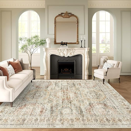 Washable Area Rug 8x10, Large Soft Rugs for Living Room Vintage 8x10 Area Rugs for Bedroom Dining Room Non-Slip Stain Resistant Under Table Brown Pink Rug