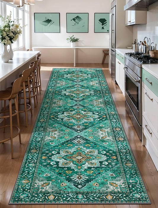 2x10 Washable Runner Rug for Hallways, Non Slip Vintage, Soft Low Pile Long Rugs Runner, Print Distressed Emerald Carpet Runners for Kitchen Bedroom Entryway Bathroom Living Room
