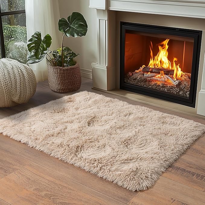 Beige Fluffy Rug for Bedroom 3x5 ft Small Rug - Ultra Soft & Non Slip Shaggy Area Rug, Comfy Durable Carpet for Living Room Kids Room Teens Dorm Home Decor, 1.7'' Thick Indoor Plush Carpets