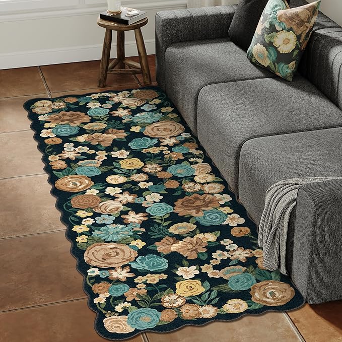 Washable Floral Runner Rug 2x5 Black Hallway Carpet Scalloped Flower Non Slip Soft Long Kitchen Runner Farmhouse Low Pile Thin Indoor Floor Cover for Bathroom Bedroom Laundry Room Entryway