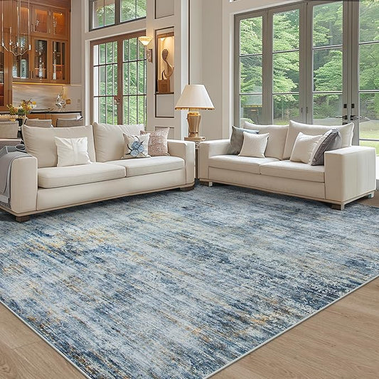 Washable Rug 6x9 Area Rugs, Abstract Large Living Room Rugs with Non-Slip Backing, Thin Carpet for Dorm Dining Room Table Nursery Indoor Home Office-Blue/Brown