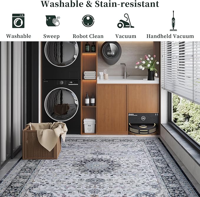5x7 Rug, Washable Neutral Boho Modern Vintage Non Slip Floral Area Carpet, Low Pile Soft Rugs, Slip Resistance, Pet-Friendly, Durable Rug for Living Room, Bedroom, Kitchen, Dining Room
