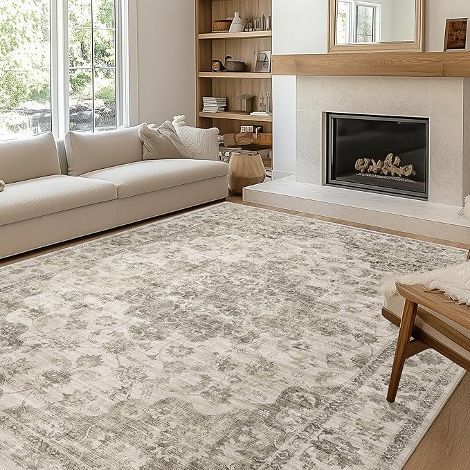 5x7 Washable Neutral Area Rug Taupe Floral Living Room Bedroom Carpet Non-Slip Low Pile Vintage Soft Thin Throw Rug for Dining Room Entryway Dorm Office Kitchen Bathroom
