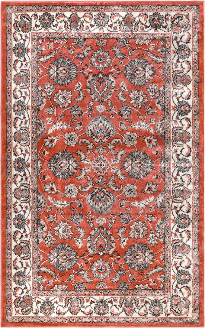 Superior Indoor Area Rug, Jute Backing, Plush Floral Rugs for Entryway, Living Room, Kitchen Floors, Bedroom, Office Floor Cover, Traditional Oriental Rugs, Lille Collection, 8' x 10', Salmon
