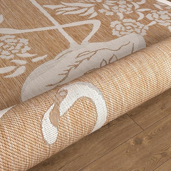 LR Home 5ft Round Indoor/Outdoor Area Rug for Home Decor | Flamingo Large Size Carpet for Living Room, Bedroom, Playroom, Patio, Garden | Tropical Farmhouse Rug | Beige/Tan