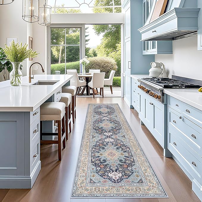 3x10 Non Slip Runner Rug - Oriental Washable Carpet with Rubber Backing for High Traffic Areas - Low Pile Farmhouse Entryway Mat - 3'x10' Blue/Beige/Multi