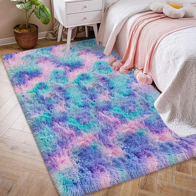 4x6ft Tie-Dyed Purple Rainbow Carpet Soft Area Rugs for Girls Room, Fluffy Colorful Rug Cute Floor Carpets Shaggy Playing Mat for Kids Baby Girls Bedroom Nursery Home Decor