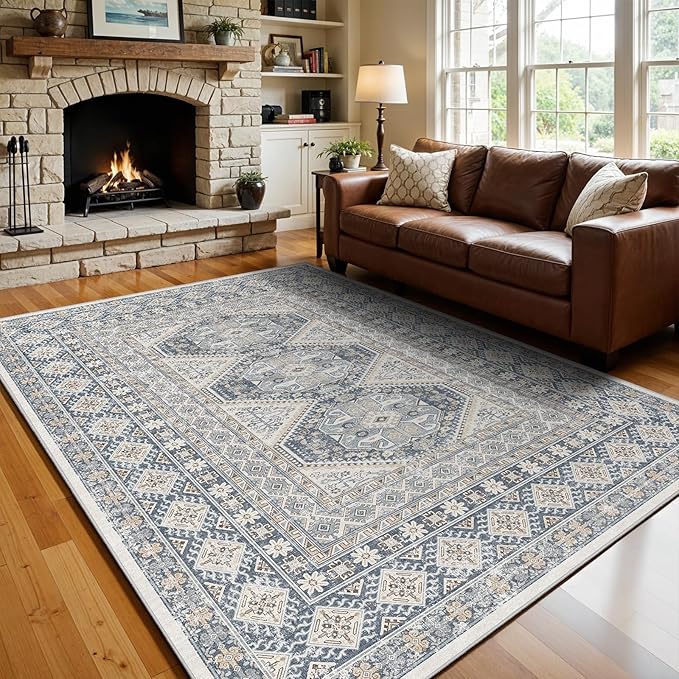 6x9 Area Rugs for Living Room:Washable Oriental Rug for Bedroom Dining Room Carpet 6 by 9 Indoor Non Slip Rubber Backing Neutral Nursery Dorm Home Office Kids 6X9 Blue