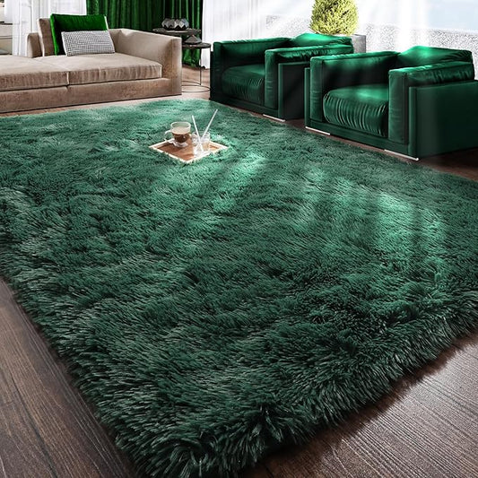 RUGTUDER Fluffy Dark Green Christmas Rug Carpet for Bedroom Living Room, 5x8 Feet Area Rugs for Boys Kids Girls Bedroom Decor, Soft Shaggy Plush Floor Rug for Baby Nursery, Washable Non-Slip