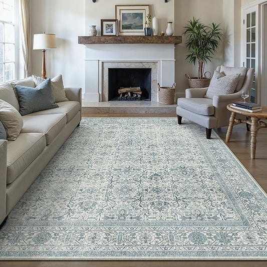 Vintage Area Rug 8x10 Blue Washable Living Room Large Carpet Non Slip Bedroom Indoor Office Low Pile Traditional Distressed Retro Accent Rug for Dining Room