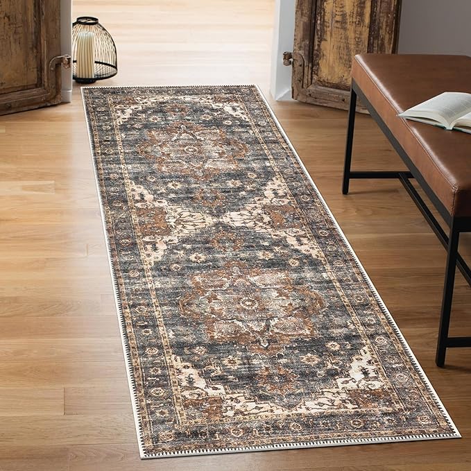 Keen Home Design 2x10 Rug - Machine Washable Runner Rug with Non-Slip Backing, Ideal for Hallway, Entryway, Kitchen, Laundry Room - Vintage, Easy Clean, Durable, Low Pile Rug - (2'6" x 10')