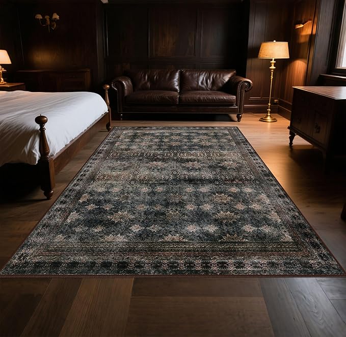 4x6 Area Rug for Bedroom Machine Washable, Non Slip Vintage Floral Kitchen Rugs for Dining Room, Rustic Indoor Floor Carpet for Kids Room, Playroom, Farmhouse, Office Brown/Multi