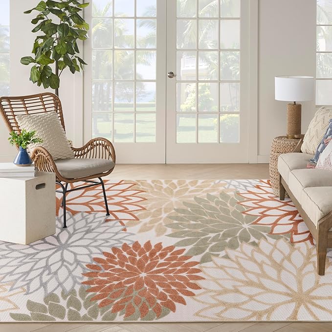 Nourison Aloha Indoor-Outdoor Ivory Multicolor 9' x 12' Area Rug, Easy Cleaning, Non Shedding, Bed Room, Living Room, Dining Room, Backyard, Deck, Patio (9x12)