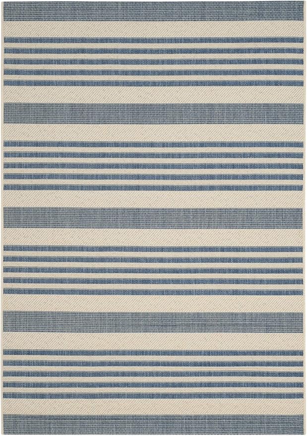 SAFAVIEH Courtyard Collection 4' x 5'7" Beige/Blue CY6062 Stripe Indoor/ Outdoor Waterproof Easy Cleaning Patio Backyard Area Rug