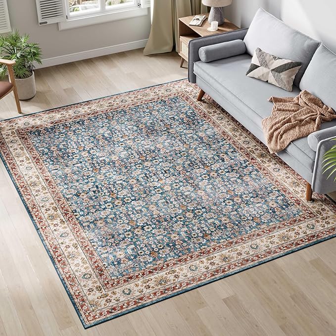 Dripex 8x10 Area Rugs, Machine Washable Non Slip Distressed Boho Rugs,Large Area Rug for Bedroom Aesthetic, No Pile Lightweight Vintage Rug, Carpet for Living Room Dining Room Apartment,Blue and Red