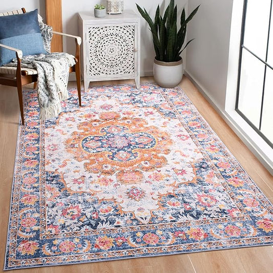 4x6 Area Rugs for Living Room, Foldable Machine Washable Rug, Soft Low Pile Non-Slip Vintage Floral Rug, Carpet for Bedroom, Dining Room, Bedside, Farmhouse, Office, Dorm (Blue, 4'×6')