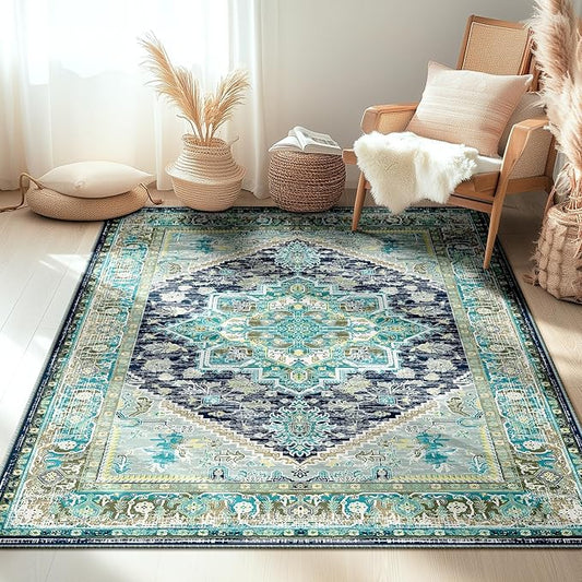 BESTSWEETIE 4x6 Area Rugs for Living Room Washable Non Slip Carpet Low Pile Soft Vintage Print Pattern Rug for Bedroom Dining Room Kitchen Entryway Indoor-Teal/Navy/Green/Yellow