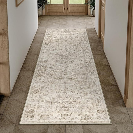 2x6 Washable Neutral Runner Rug Beige Hallway Kitchen Non-Slip Low Pile Floral Carpet Vintage Soft Thin Throw Rug for Bathroom Bedroom Entryway Laundry Dining Room