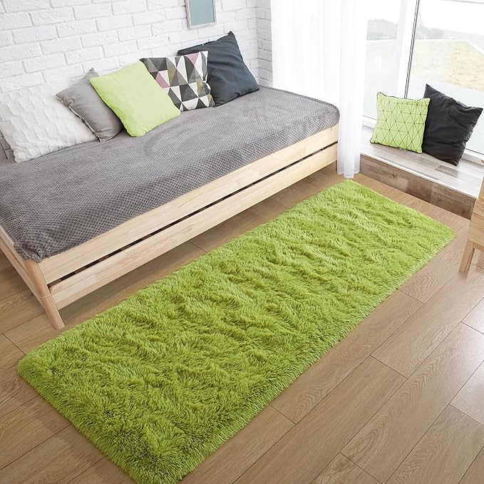 Tepook Soft Runner Rugs for Bedroom 2x6 ft with Rubber Backing, Green Fluffy Rugs for Living Room, Shag Bedside Rug Fuzzy Plush Carpet for Room, Area Rug for Dorm Nursery Hallway Indoor Home Decor